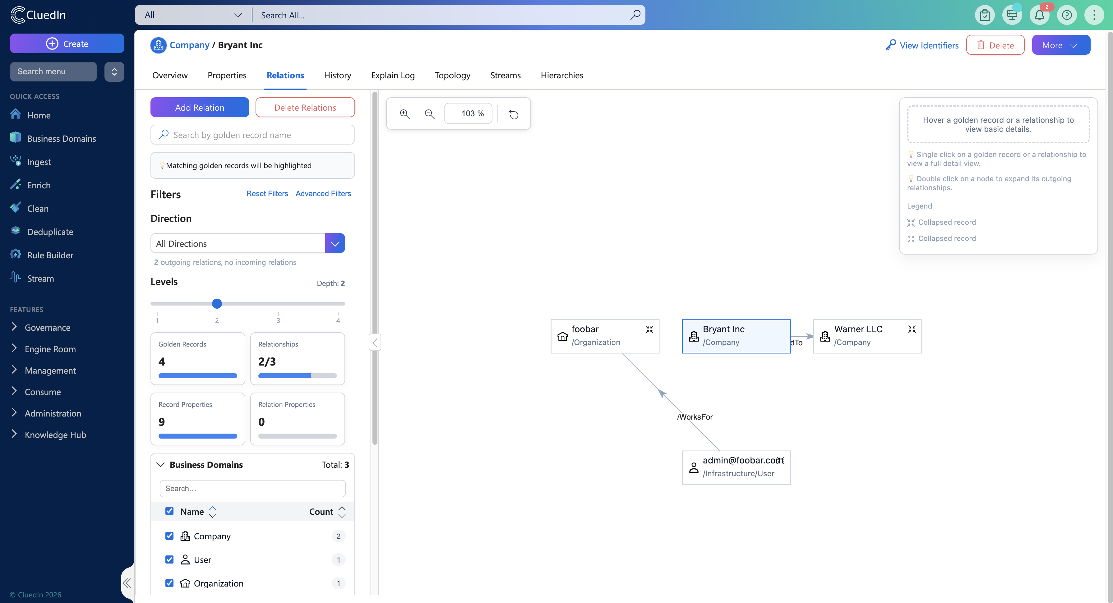 Golden record Relations page with Add Relation, direction and level filters on the left and a relations graph on the right